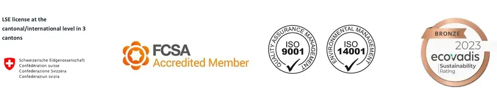 Certifications for quality management ISO 9001, environmental management ISO 14001, and FCSA accreditation for secure payroll